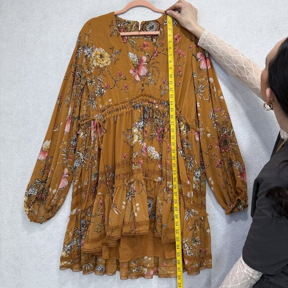 Free People Blouse Womens Large Multicolor Floral Tiered Long Sleeve Tunic Boho - Picture 3 of 10